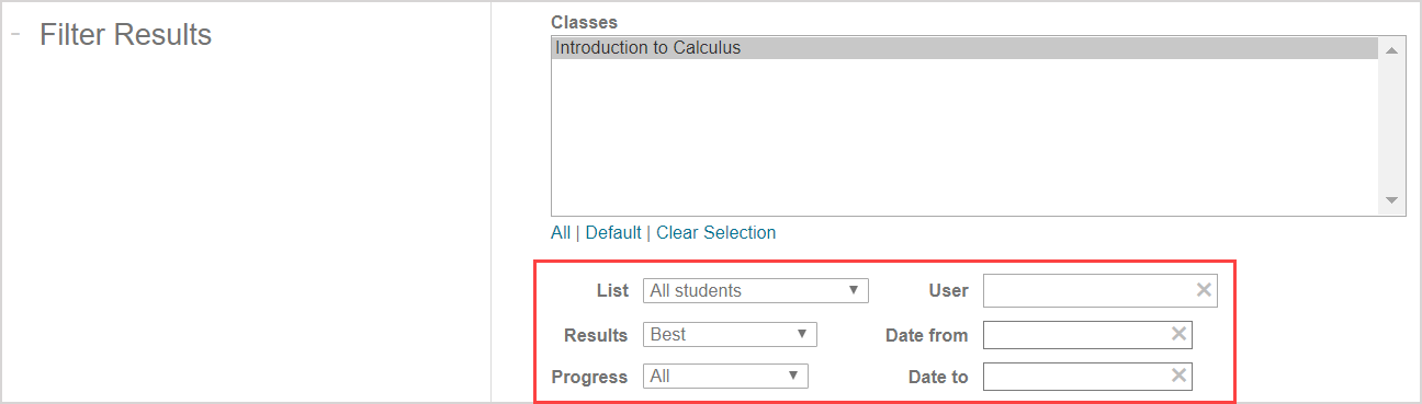 Additional search fields of list, results, progress, user, date from, and date to are below the classes list in the filter results pane.